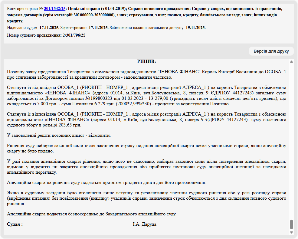 Справа № 301/1342/25: "ІННОВА ФІНАНС" хотіли 157 969 грн., отримали 13 279 грн